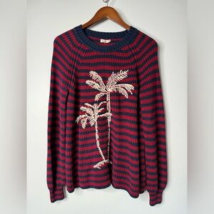 Faherty Cotton Bamboo Blend Red Blue Striped Palm Tree Crewneck Sweater